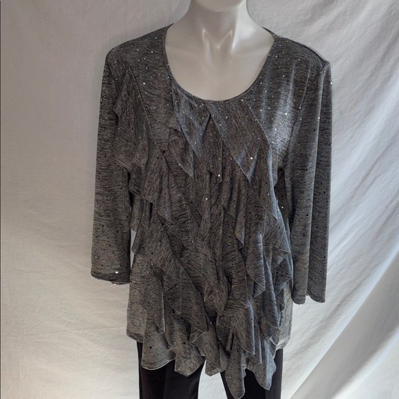 Notations Sparkly Gray Diagonal Ruffle Top - Picture 1 of 10